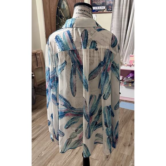 ModCloth Sheer Cactus Print Button Down Blouse Sz 4X Flowing Lightweight Artsy - Picture 3 of 9